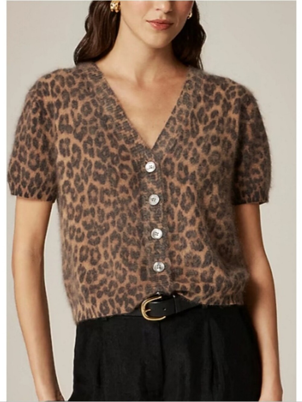 J.Crew Brushed Cashmere Short-Sleeve Cardigan in Leopard Print